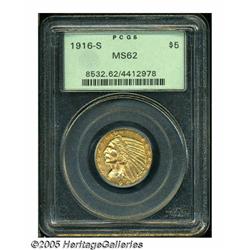 1916-S $5 MS62 PCGS. A shimmering chestnut-gold b