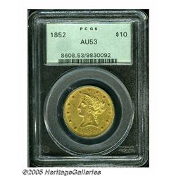 1852 $10 AU53 PCGS. Abundant luster glimmers bene