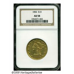 1856 $10 AU58 NGC. Luster fills the borders of th