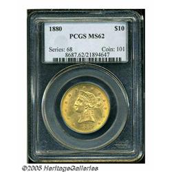 1880 $10 MS62 PCGS. Bright apricot-gold surfaces 