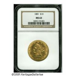 1881 $10 MS63 NGC. Yellow-gold patina reveals tra