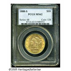 1888-S $10 MS62 PCGS. This satiny peach-gold Libe