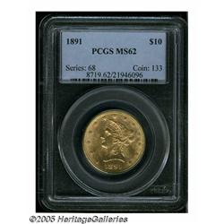 1891 $10 MS62 PCGS. Scattered abrasions rule out 