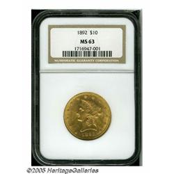 1892 $10 MS63 NGC. Attractive peach-gold patina i