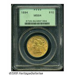 1894 $10 MS64 PCGS. A lustrous honey-gold near-Ge