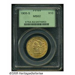 1905-S $10 MS62 PCGS. Peach color graces this sat