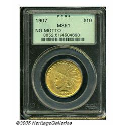 1907 $10 No Motto MS61 PCGS. A satiny and nicely 
