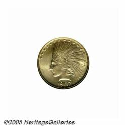 1907 $10 No Motto MS64 NGC. Green-gold and subtle