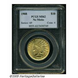 1908 $10 No Motto MS62 PCGS. A lustrous Mint Stat