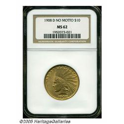 1908-D $10 No Motto MS62 NGC. Greenish-gold patin