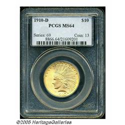1910-D $10 MS64 PCGS. Sharply struck and fully lu