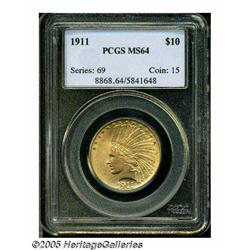 1911 $10 MS64 PCGS. Lovely mint-green and red-ora