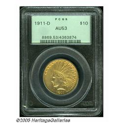 1911-D $10 AU53 PCGS. This bright yellow-gold Ind