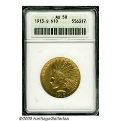 1913-S $10 AU50 ANACS. Light yellow-gold with con