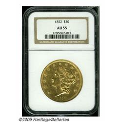 1852 $20 AU55 NGC. Yellow-gold surfaces retain lu