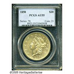 1858 $20 AU55 PCGS. Remaining luster is especiall