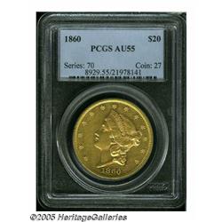 1860 $20 AU55 PCGS. Bright yellow gold surfaces w