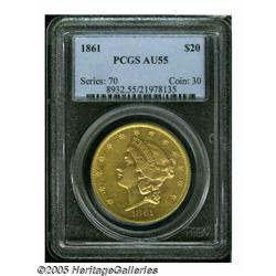 1861 $20 AU55 PCGS. A pleasing example of this po