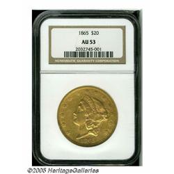 1865 $20 AU53 NGC. A scarce Type One that is seld