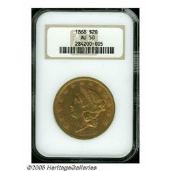 1868 $20 AU50 NGC. A boldly struck golden-brown e