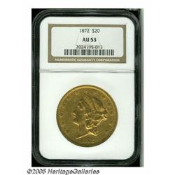 1872 $20 AU53 NGC. Peach-gold surfaces display tr