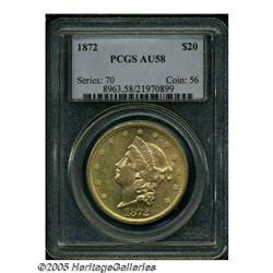 1872 $20 AU58 PCGS. Despite being a moderately sc