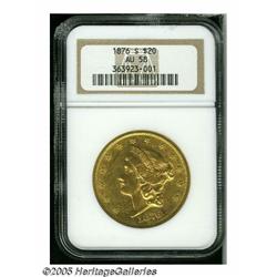 1876-S $20 AU58 NGC. This S-Mint double eagle dis