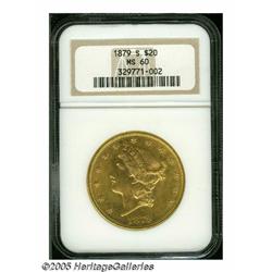 1879-S $20 MS60 NGC. Fully lustrous with pleasing