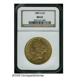 1889-S $20 MS62 NGC. This '89-S double eagle disp