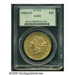 1890-CC $20 AU55 PCGS. Rich yellow-gold color wit