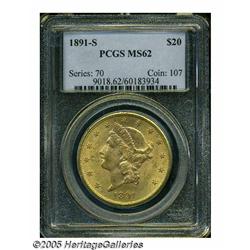 1891-S $20 MS62 PCGS. Peach-gold surfaces display