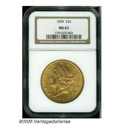 1894 $20 MS63 NGC. Apricot-gold patina reveals wh