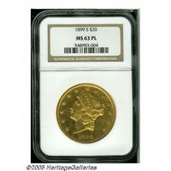 1899-S $20 MS63 Prooflike NGC. Bright peach-gold 