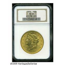 1904 $20 MS65 NGC. With richly colored, green-gol