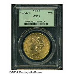 1904-S $20 MS62 PCGS. A lustrous and moderately m