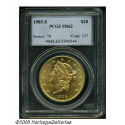 1905-S $20 MS62 PCGS. A boldly struck and highly 