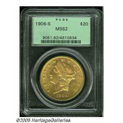 1906-S $20 MS62 PCGS. Bright apricot color and un
