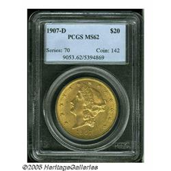 1907-D $20 MS62 PCGS. Boldly struck and satiny, w