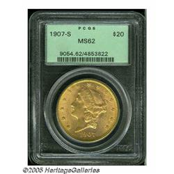1907-S $20 MS62 PCGS. A radiant canary-gold Liber