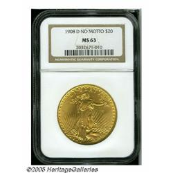 1908-D $20 No Motto MS63 NGC. Exquisite strike de