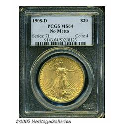 1908-D $20 No Motto MS64 PCGS. Typically struck w