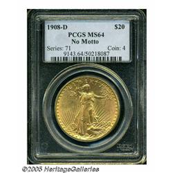 1908-D $20 No Motto MS64 PCGS. Lustrous and boldl