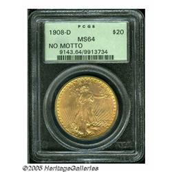 1908-D $20 No Motto MS64 PCGS. A shimmering peach