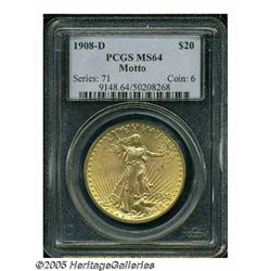 1908-D $20 Motto MS64 PCGS. Peach-gold patina is 