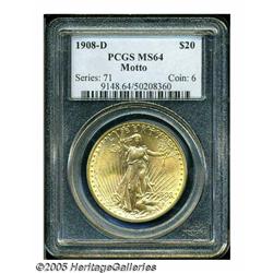 1908-D $20 Motto MS64 PCGS. A scarce early Motto 