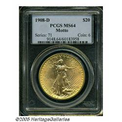 1908-D $20 Motto MS64 PCGS. Light pinkish-yellow 