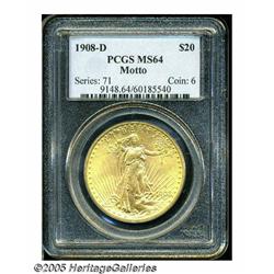 1908-D $20 Motto MS64 PCGS. Peach-gold surfaces d