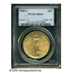 1909-S $20 MS64 PCGS. Sharply struck and fully lu