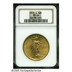 1909-S $20 MS64 NGC. A lustrous and moderately ma