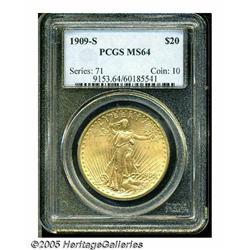 1909-S $20 MS64 PCGS. The bright, peach-gold surf